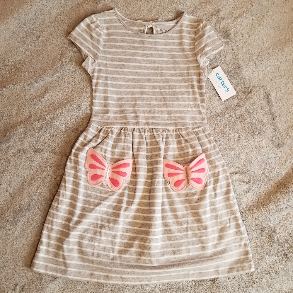 Girls Gray Striped Pink Butterflies Dress